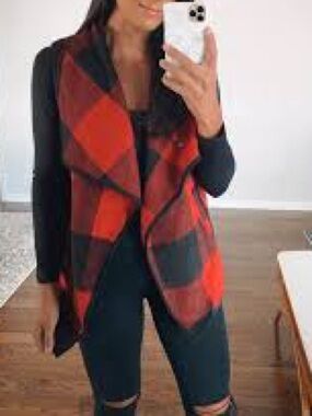 MICHAEL Michael Kors | Red Plaid Open-Front Cardigan with Black Sleeves